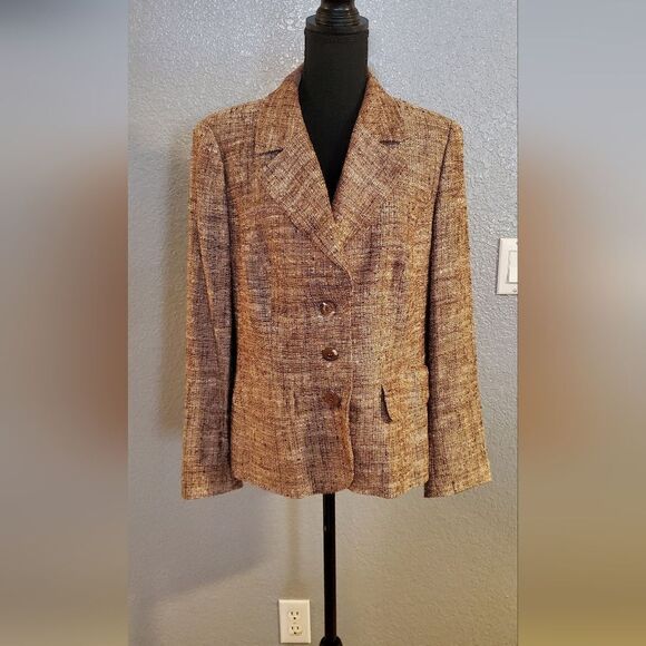 Escada Brown Mauve Tweed Blazer EU 42 Silk Linen Button Up Jacket - Picture 2 of 11